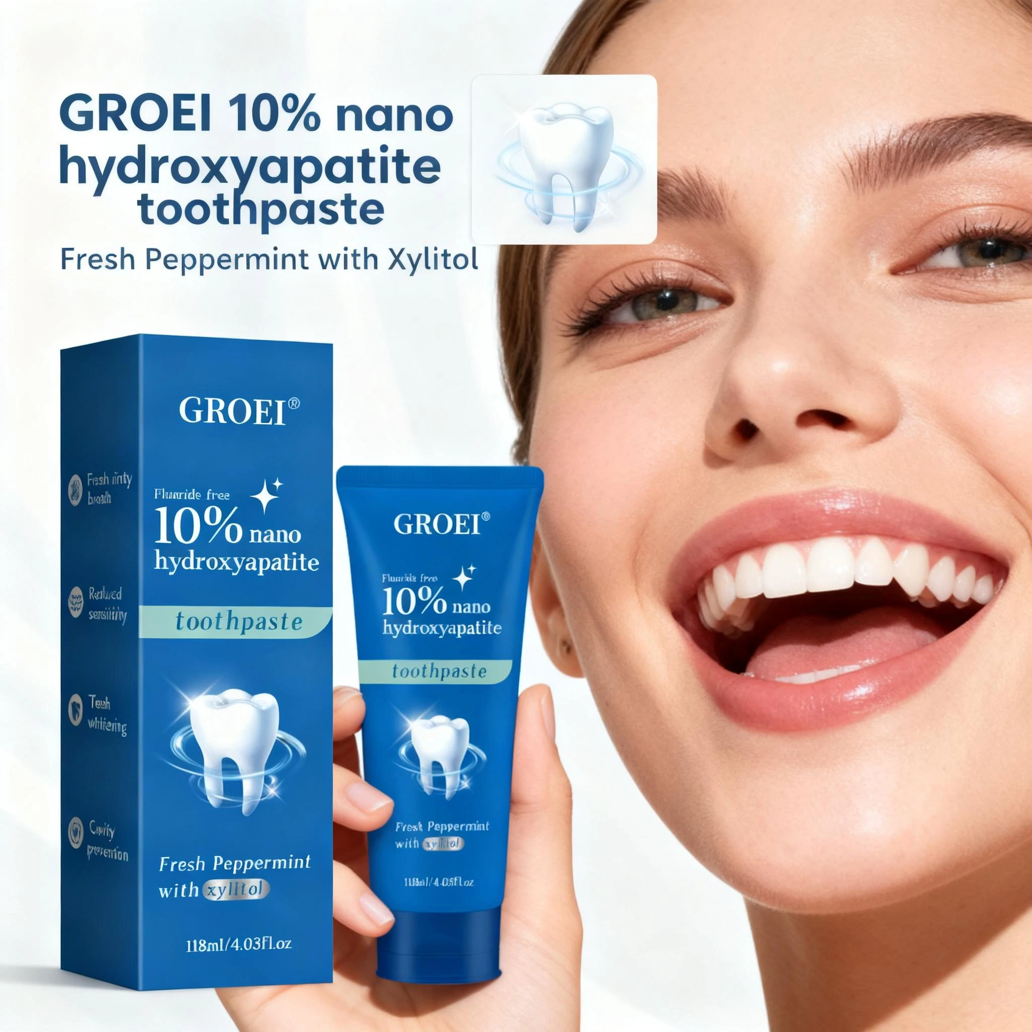 Hydroxyapatite Toothpaste - ยาสีฟันไซลิทอลป้องกันฟันผุ - ช่วยให้ลมหายใจสดชื่น ปกป้องฟันและเคลือบฟันที่บอบบาง เสริมความแข็งแรงและความทนทานของฟัน