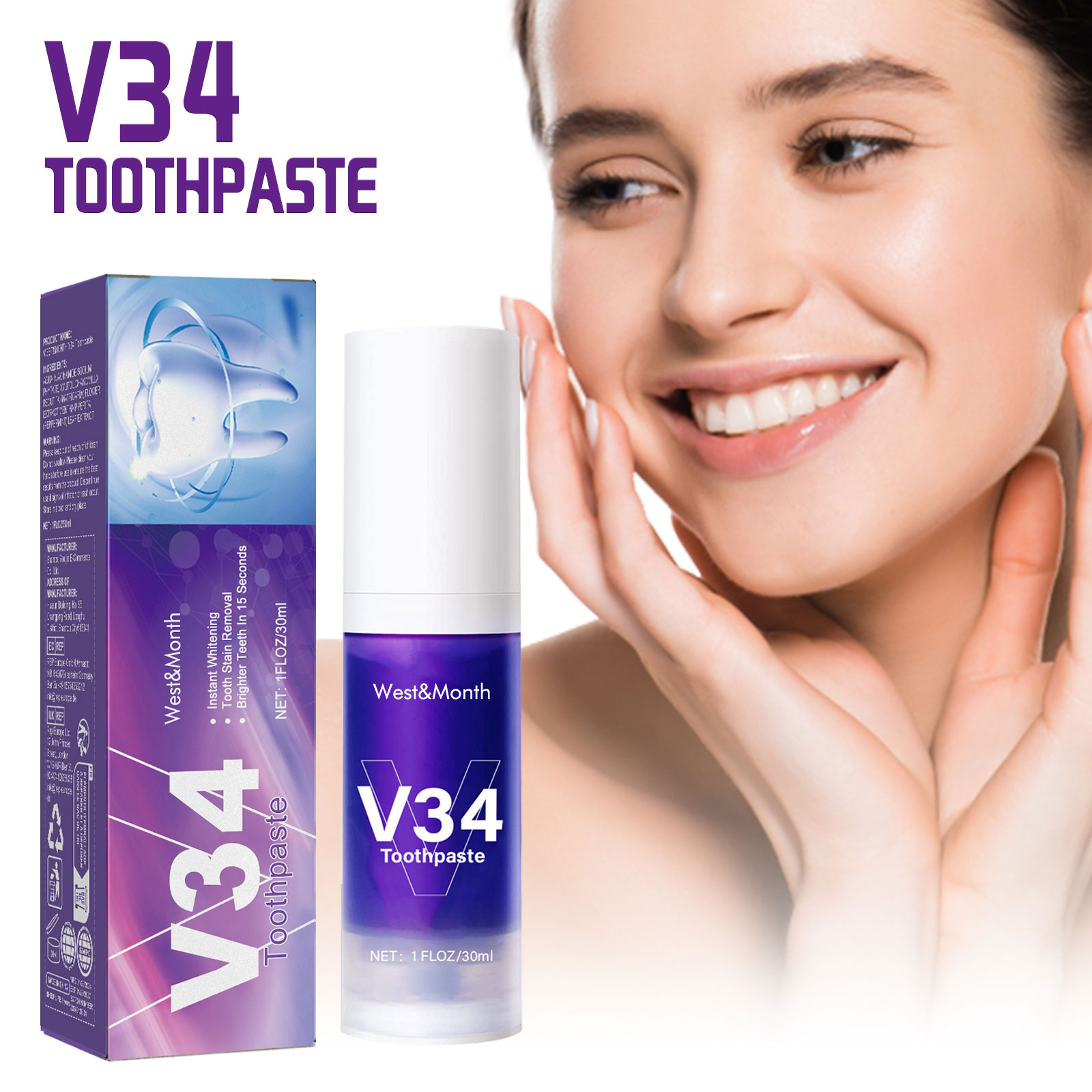 V34 มูสทำความสะอาดฟันสีม่วง ทำ - Teeth Whitening Crest บทวิจารณ์และราคา